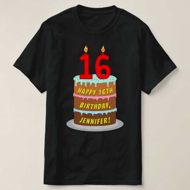 16:e födelsedagen - Roligt Cake & Candles, med ege T Shirt (Design framsida)