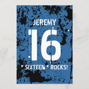 16:e födelsedagen Sexton Sten BLUE Grunge F16Z Inbjudningar