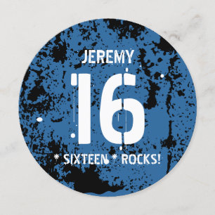 16:e födelsedagen Sexton Sten BLUE Grunge F16Z Inbjudningar