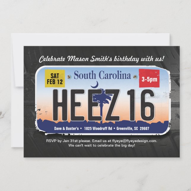 16:e födelsedagen South Carolina License Inbjudan (Framsida)