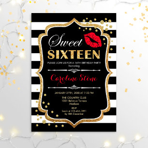 16:e födelsedagen - Sweet sixteen Black Red Guld Inbjudningar
