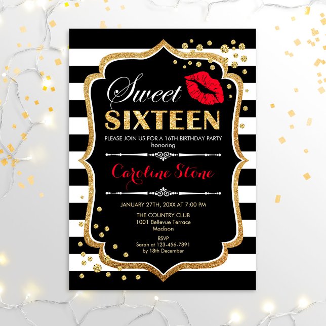 16:e födelsedagen - Sweet sixteen Black Red Guld Inbjudningar (Skapare uppladdad)