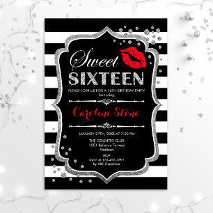 16:e födelsedagen - Sweet sixteen Black Red Silver Inbjudningar