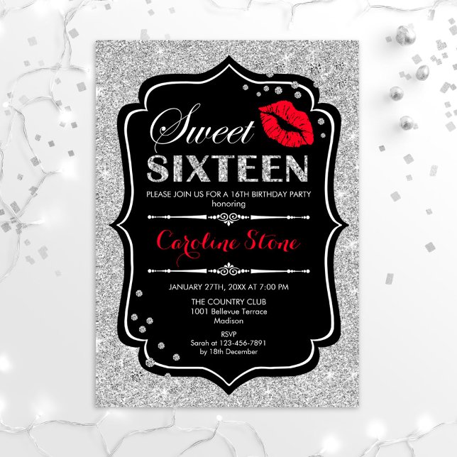 16:e födelsedagen - Sweet sixteen Black Red Silver Inbjudningar (Skapare uppladdad)