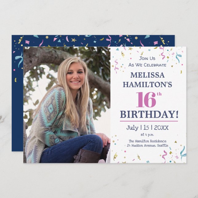 16:e Födelsedagsfesten Firande med foto Inbjudningar (Fram/baksida)