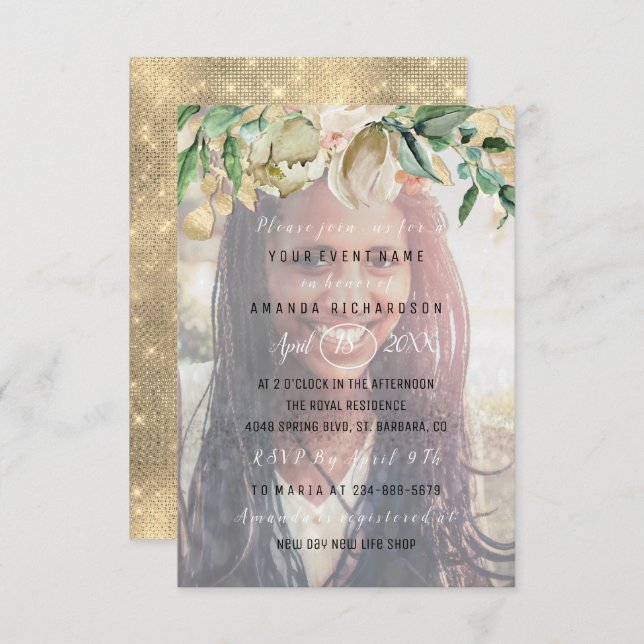 16:e Födelsedagsfesten fotoblommor Guld Student Inbjudningar (Fram/baksida)