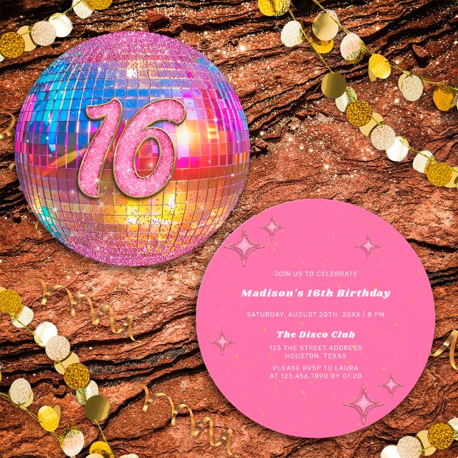 16:e Födelsedagsfesten Guld Rosa Glitter Disco Bol Inbjudningar (Front/Back)