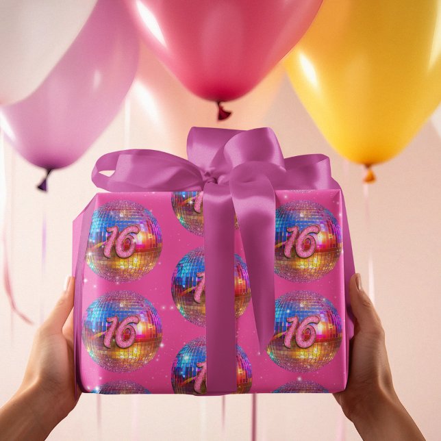 16:e Födelsedagsfesten Guld Rosa Glitter Disco Bol Presentpapper (Skapare uppladdad)