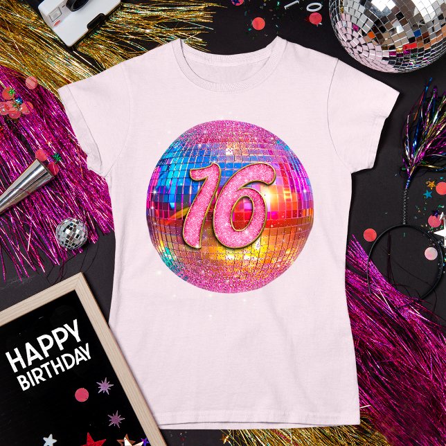 16:e Födelsedagsfesten Guld Rosa Glitter Disco Bol T Shirt (Skapare uppladdad)
