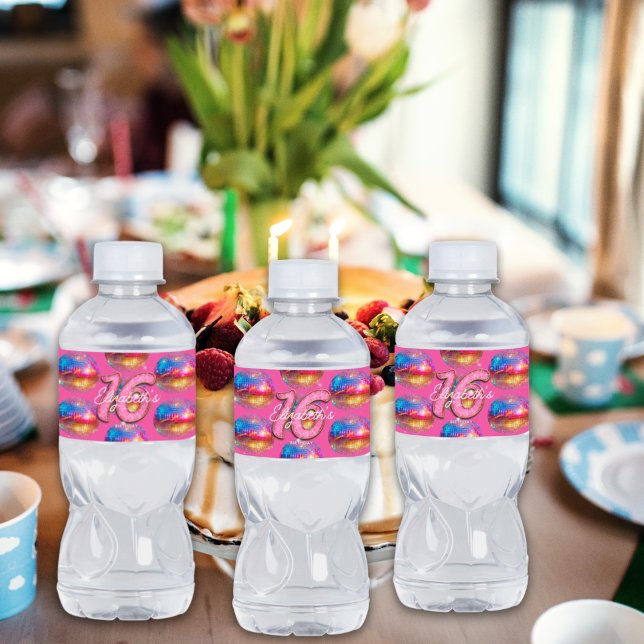 16:e Födelsedagsfesten Guld Rosa Glitter Disco Bol Vattenflaskor Etikett (Skapare uppladdad)