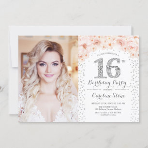 16:e Födelsedagsfesten med Photo - Silver Rosa Whi Inbjudningar