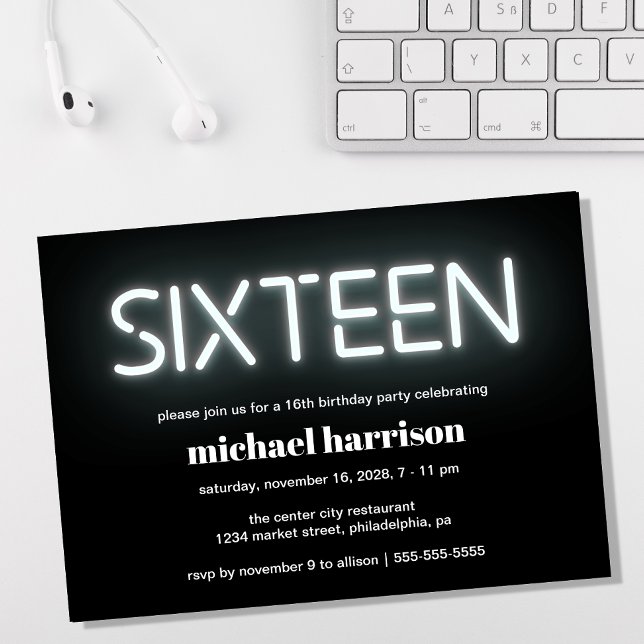 16:e Födelsedagsfesten Neon Ljus Inbjudningar (Skapare uppladdad)
