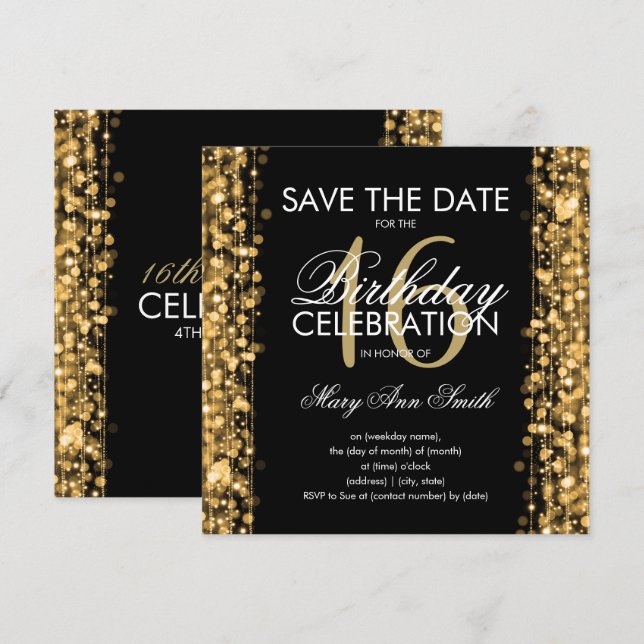 16:e Födelsedagsfesten "Save the Date" Sparkles Gu Inbjudningar (Fram/baksida)