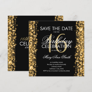 16:e Födelsedagsfesten "Save the Date" Sparkles Gu Inbjudningar