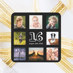 16:e födelsedagsfestens fotokollage-pojke svart fyrkantigt klistermärke