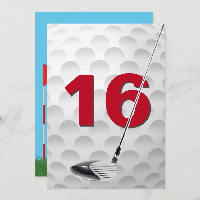 16:e Födelsedagsfestens Golf-tema Inbjudningar (Fram/baksida)