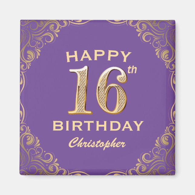 16:e Födelsedagsfestens Lila och Guld Glitter Ram Magnet (Framsidan)