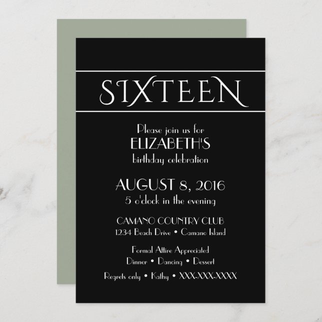 16:e födelsedagsinbjudan inbjudningar (Fram/baksida)
