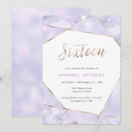 16:e födelsedagsinbjudan lila och guld inbjudningar
