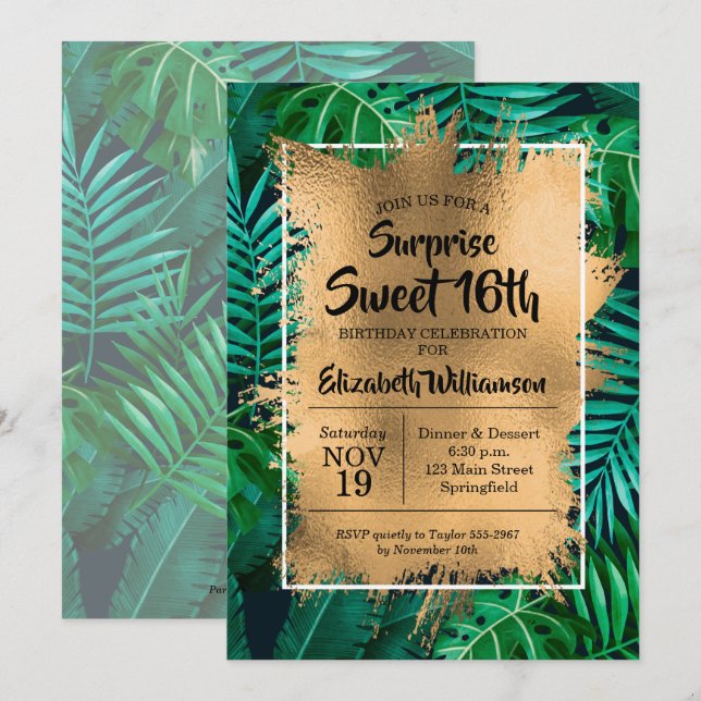 16:e födelsedagsinbjudan till Tropical Sweet (Fram/baksida)