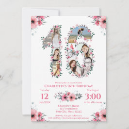 16:e födelsedagstidningen Photo Collage Rosa Flowe Inbjudningar