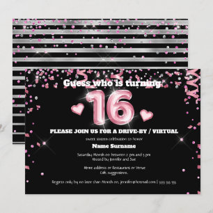 16:e folie glitter rosa silver gnistra för svart h inbjudningar