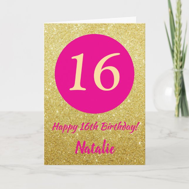 16:e Grattis på födelsedagen Shock rosa och Guld G Kort (Framsida)