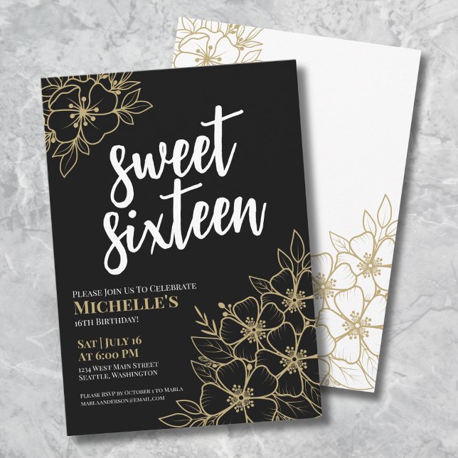 16:e Guld-Blommigtens Sweet sixteen-födelsedag Inbjudningar (16th Black Gold Floral Sweet Sixteen Birthday Invitation)
