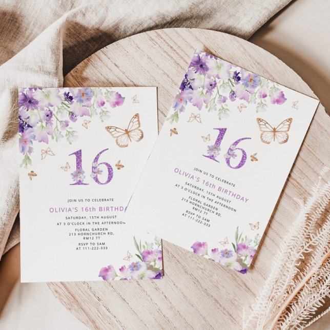 16:e Lila Lilac Butterflies födelsedagsinbjudan Inbjudningar (Skapare uppladdad)