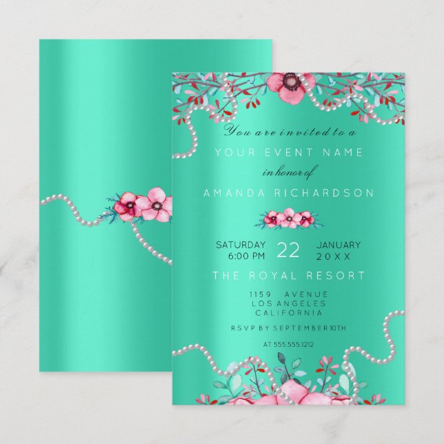 16:e Möhippans Blommigt Formal Pearls Mint Rosa Inbjudningar (Fram/baksida)