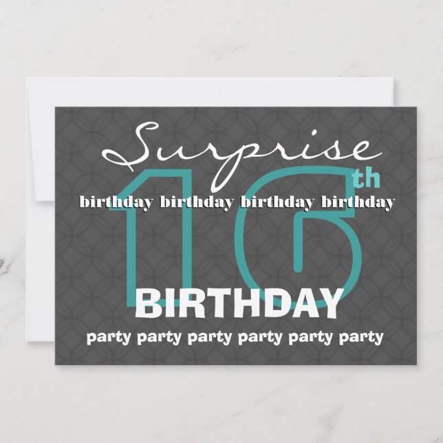 16:e SURPRISE Birthday Modern Teal Charcoal W481 Inbjudningar (Framsida)