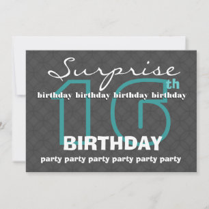 16:e SURPRISE Birthday Modern Teal Charcoal W481 Inbjudningar