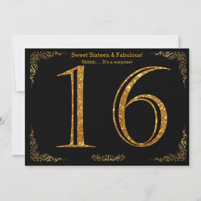 16:e, Sweet sixteen, Födelsedagsfest, svart glitte Inbjudningar (Framsida)