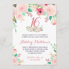 16:E SWEET SIXTEEN rosa Blommigt-inbjudan Inbjudningar