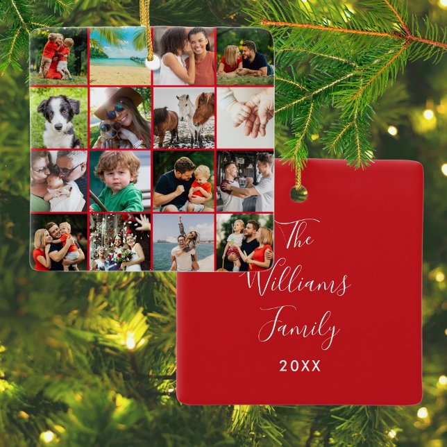 16 Favoritfamiljens fotokollage-skript Namn Julgransprydnad Keramik (16 Favorite Family Photo Collage Script Name Ceramic Ornament)