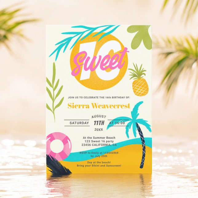 16 foto av den Tropical Beach Bassäng Sweet 16 Inbjudningar (Summer Retro Tropical Beach Pool Sweet 16 photo Invitation)
