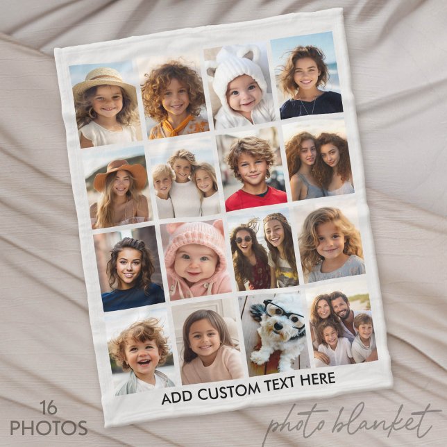 16 Foto Collage - Ljusgrå med text Fleecefilt (Custom Photo Blankets)
