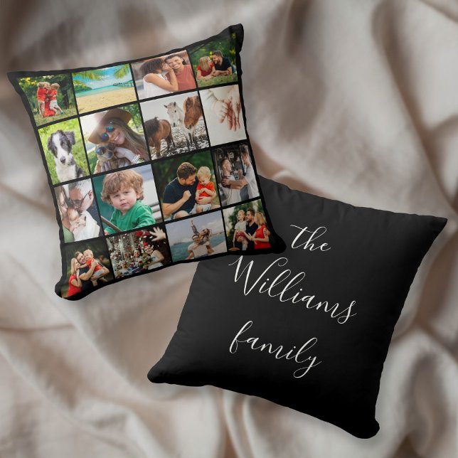 16 Fotocollage Familj Skriptnamn Kudde (16 Photo Collage Family Script Name Throw Pillow)