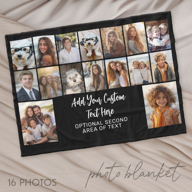 16 Fotogaller - 2 rader text - svart vitt Fleecefilt (Photo Blanket - Personalize with Your Photos)