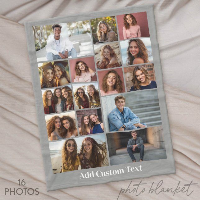 16 Fotokollage - Anpassad text - Grå och vit Fleecefilt (Custom Photo Blankets)