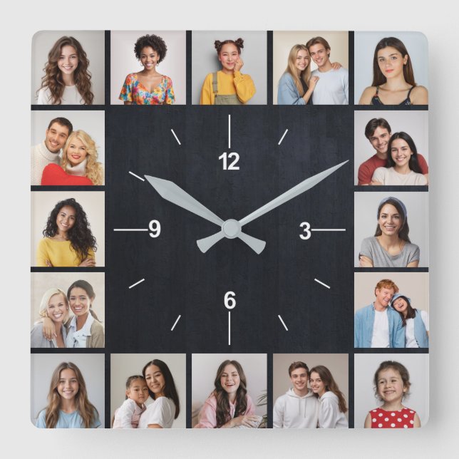 16 Fotokollage Mörkt Falskt Trä Staket Fyrkantig Klocka (Framsida)