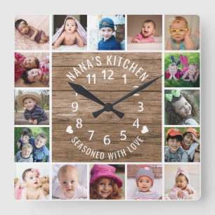 16 Fotokollage Ram Rustic Wood Nanas kök Fyrkantig Klocka