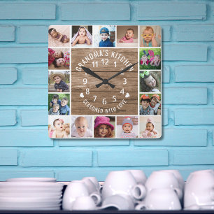 16 Fotokollage Rustic Wood Grandmas Kitchen Fyrkantig Klocka