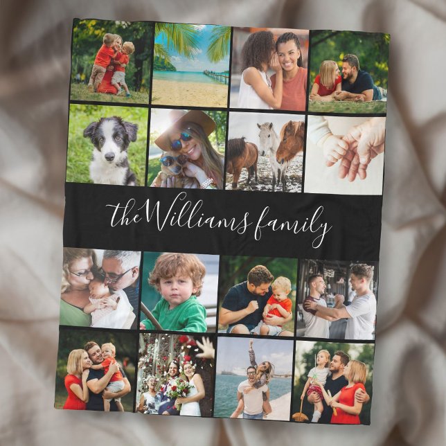 16 Fotos Kollage Familj Namn Fleecefilt (16 Photo Collage Family Script Name Fleece Blanket)