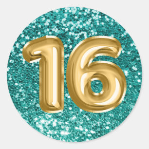 16 Gold Foil Balloons Sparkly Teal Glitter Runt Klistermärke