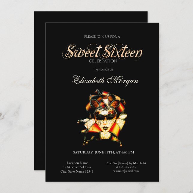 16-inbjudan till den berömvärda Venezian Masque Bl Inbjudningar (Fram/baksida)