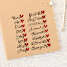 16 Namn Anpassad Gästlista Kalligrafi Rött Hjärta Klistermärken