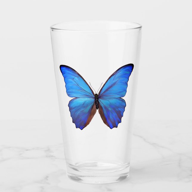 16 oz Glass Blue Butterfly Glaskopp (Framsida)