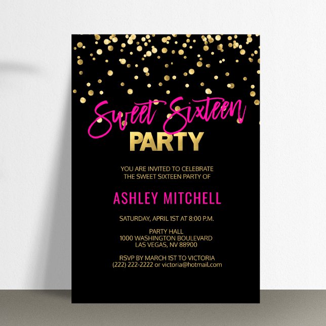 16-partsinbjudningar till Shock rosa SWEET SIXTEEN Inbjudningar (HOT Pink Gold SWEET SIXTEEN 16 Party Invitations)