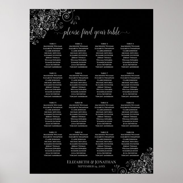 16 passagerardiagram för svart Bröllop i Silver vi Poster (Framsidan)